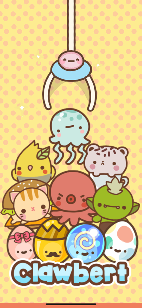 Clawbert - Pantalla de título del juego Clawbert mostrando una garra linda y una pila de coloridos personajes kawaii y huevos sorpresa