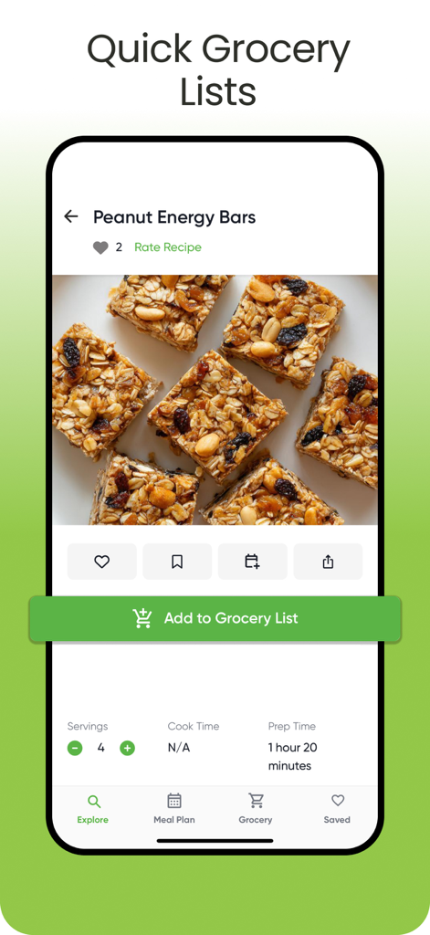 a better meal - Meal Planner - Uma tela de aplicativo móvel mostrando uma receita de barras energéticas de amendoim com um botão para adicionar à lista de compras