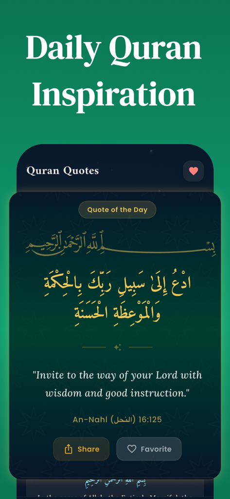 Qibla direction: Mecca compass - Smartphone screen displaying a daily Quran verse with translation and sharing features