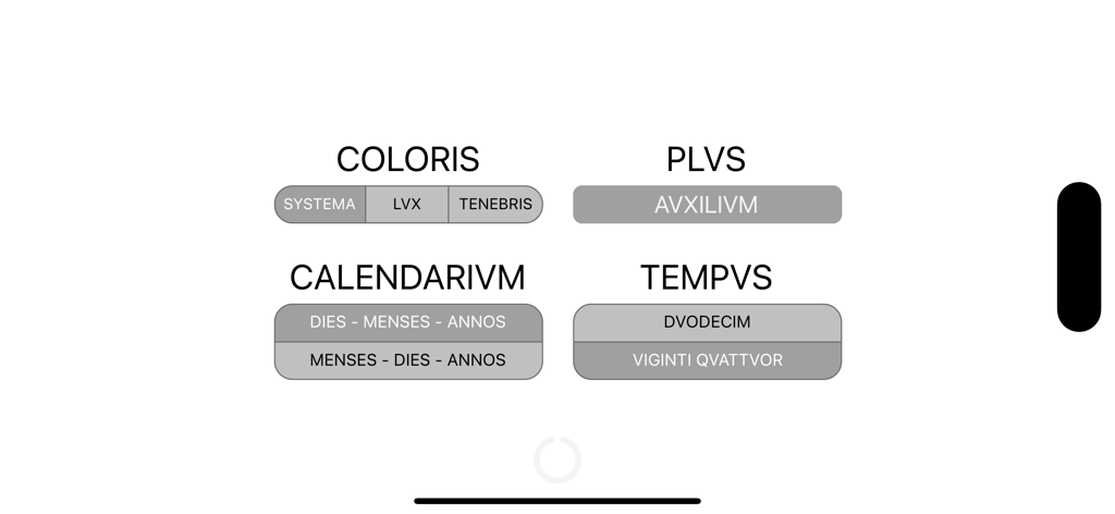 Roman Clock and Calendar - Settings screen of the Roman Clock and Calendar app showing Latin options for theme, date format, and time display.