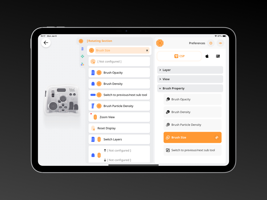 TourBox Console - Écran d'iPad montrant l'interface de l'application TourBox Console pour mapper les paramètres de pinceau et les contrôles de rotation dans Clip Studio Paint