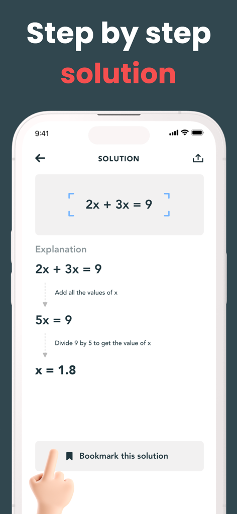 Mobile app interface showing a detailed step by step algebra equation solution