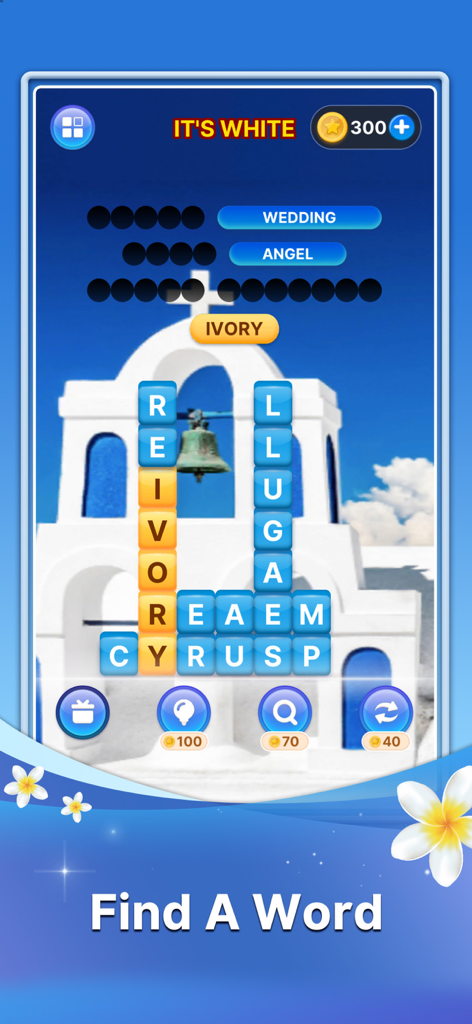 Word Search: Word Find Puzzle - Gameplay of Word Search puzzle game featuring a crossword grid and a scenic church background.