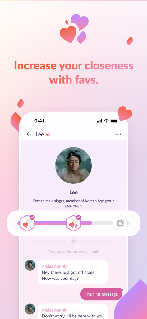 Yano AI- Bring my Favs to Life - Yano AI app interface showing a chat with an AI character and a relationship progress bar.