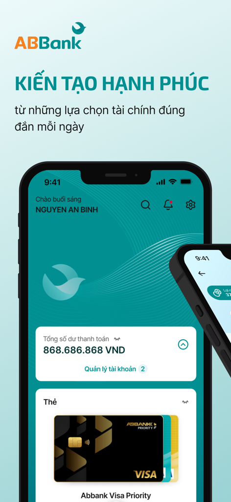 ABBank - Panel de control de la aplicación de banca móvil ABBank que muestra el saldo de la cuenta y la tarjeta Visa prioritaria