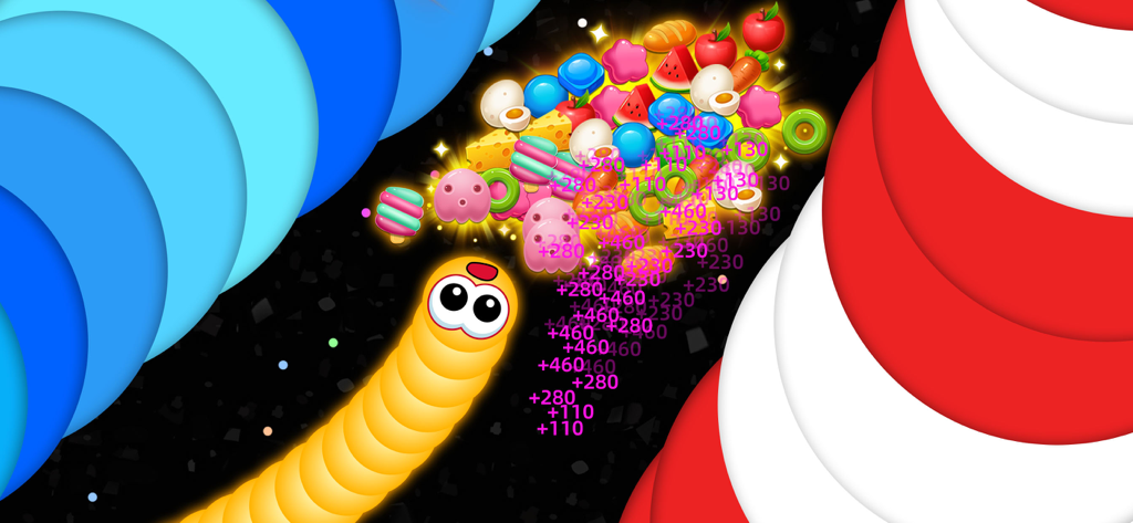 Snake Battle - Snake Game - A yellow cartoon snake eating colorful candies and fruits in Snake Battle