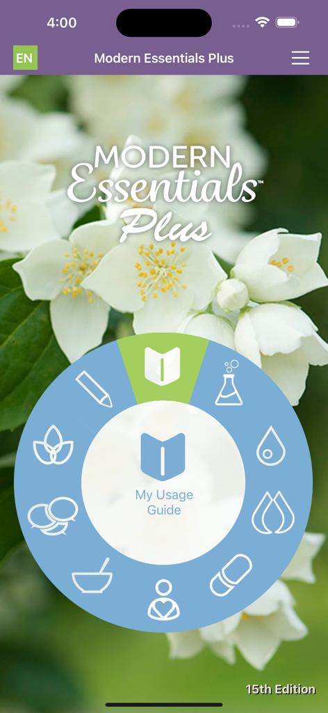 Pantalla de inicio de la aplicación Modern Essentials Plus con un menú de navegación circular para guías de uso de aceites esenciales y protocolos de bienestar sobre un fondo de flor blanca