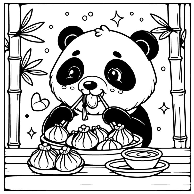panda eating dumplings and bamboo