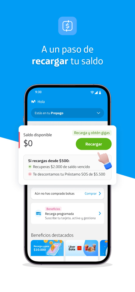Mi Movistar Chile - Interfaz de la app Mi Movistar Chile mostrando la pantalla de recarga de saldo móvil para usuarios prepago.