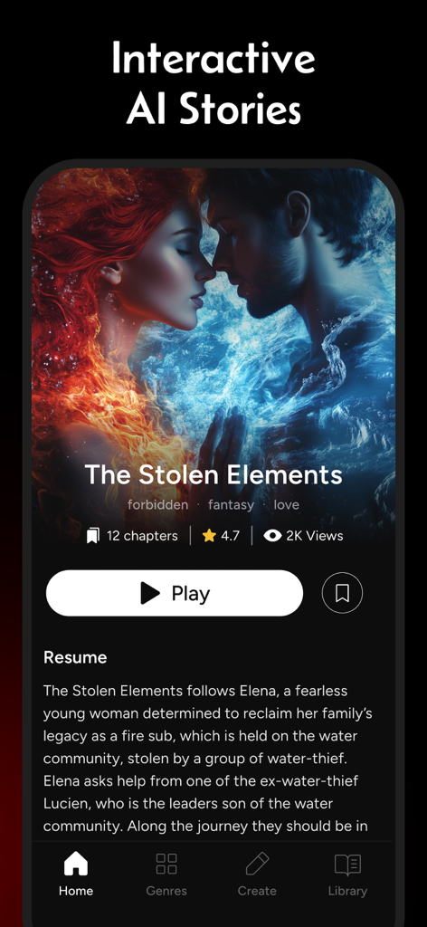 Story AI app screen displaying an interactive fantasy romance story titled The Stolen Elements with a play button and story summary.