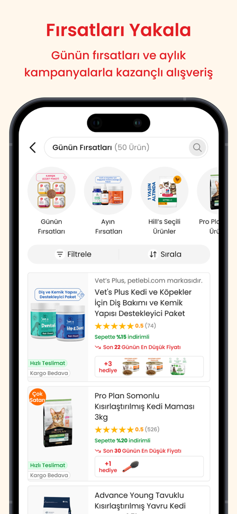Petlebi - Interfaccia dell'app mobile Petlebi che mostra offerte di prodotti per animali domestici e sconti giornalieri su cibo e integratori