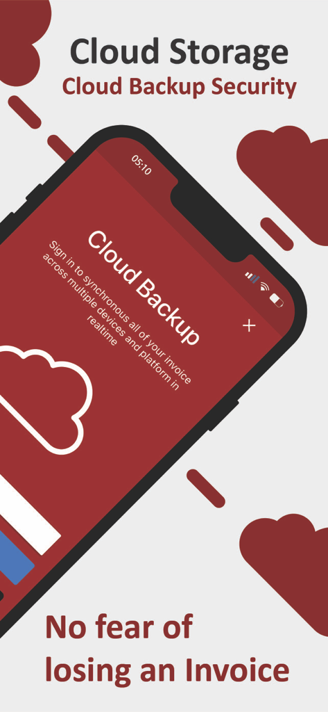 Invoice Maker : Easy & Speedy - Mobile app screen showing cloud backup and invoice storage security features