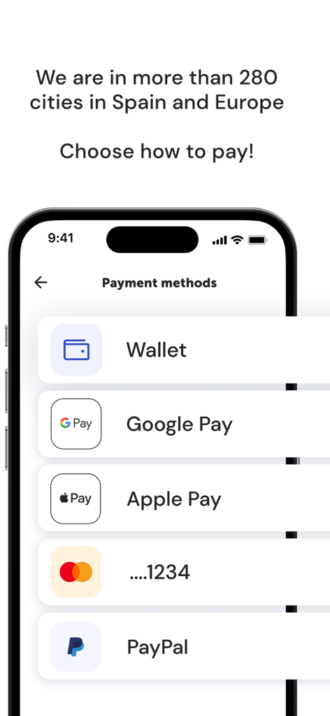 Parclick app screen showing payment options like Apple Pay Google Pay and PayPal for European parking