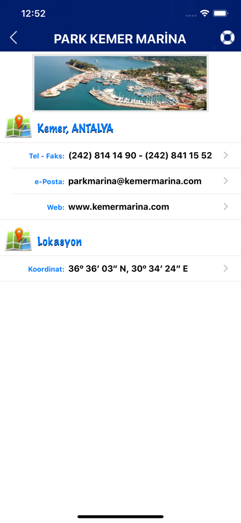 Tela de informações detalhadas para o Park Kemer Marina em Antalya, mostrando detalhes de contato e coordenadas.