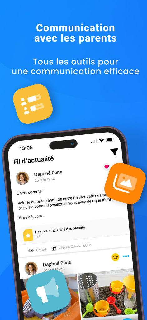 Kidizz - Interface de l'application Kidizz montrant le fil d'actualité et les outils de communication pour les parents et les garderies