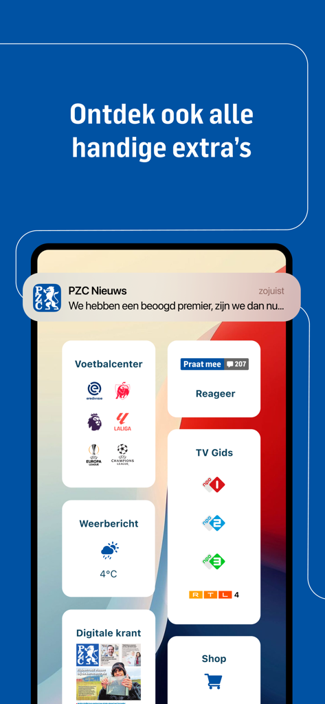 PZC nieuws - PZC news app display showing sports scores weather TV guide and digital newspaper widgets