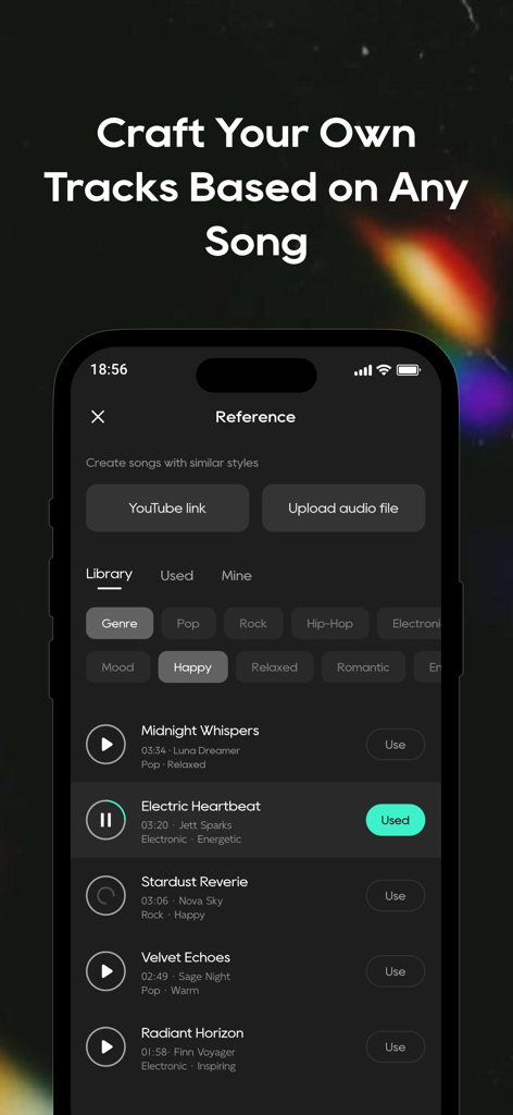 Mureka - AI Music Generator - Murekaアプリのインターフェース。YouTubeリンクやアップロードされた曲に基づいてスタイルを合わせた楽曲を作成するためのスタイルマッチング機能が表示されている