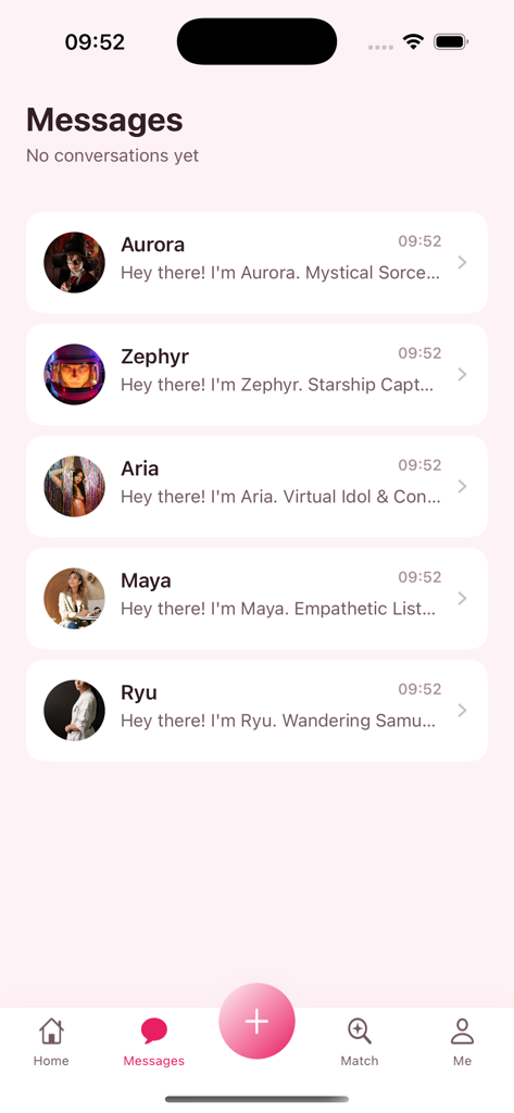 La interfaz de mensajes de la aplicación Evara que muestra una lista de personajes de IA disponibles para chatear.