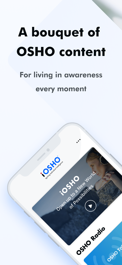 iOSHO - Smartphone screen displaying the iOSHO app with meditation and awareness content