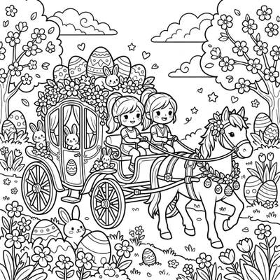 Embark on a charming Easter journey with this whimsical coloring page, featuring two cheerful girls driving a beautifully decorated horse and carriage. Discover a scene brimming with festive Easter eggs, playful bunnies, and blooming spring flowers, ready for your creative touch.