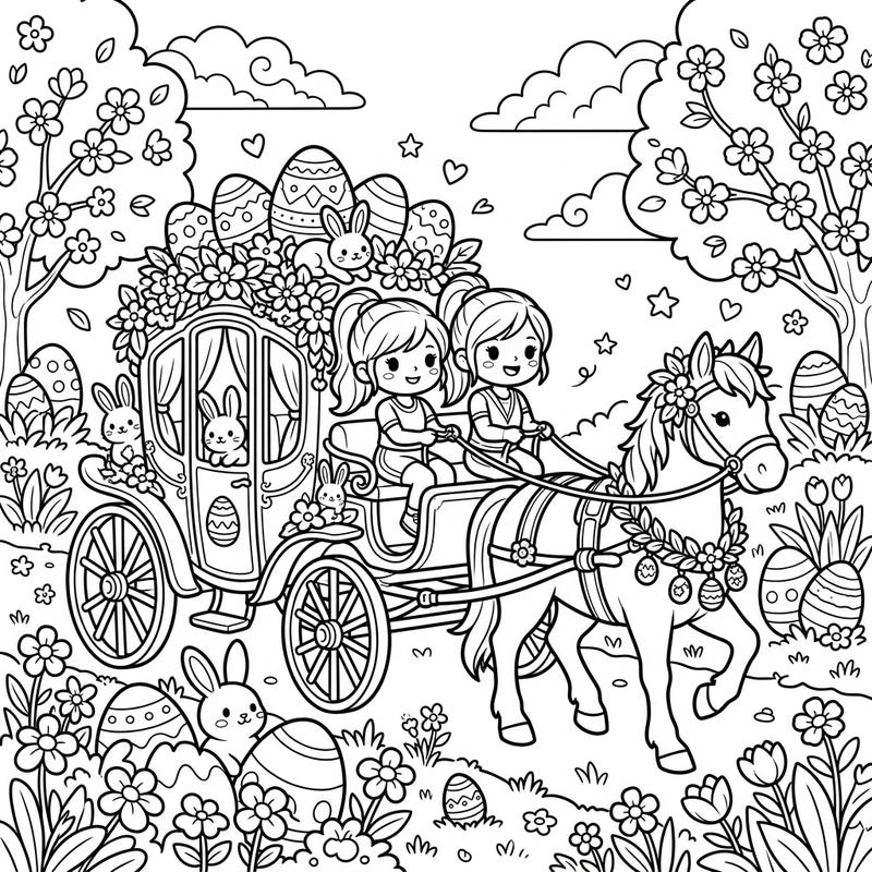 Embark on a charming Easter journey with this whimsical coloring page, featuring two cheerful girls driving a beautifully decorated horse and carriage. Discover a scene brimming with festive Easter eggs, playful bunnies, and blooming spring flowers, ready for your creative touch.