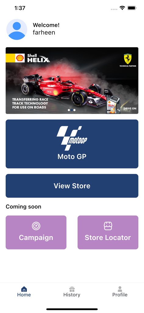 Shell BD - User dashboard of the Shell BD app featuring Shell Helix promotions and links to the store and Moto GP