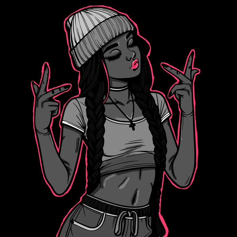 realistic teenage girl with braids and a beanie and crop top doing 🫶🏼