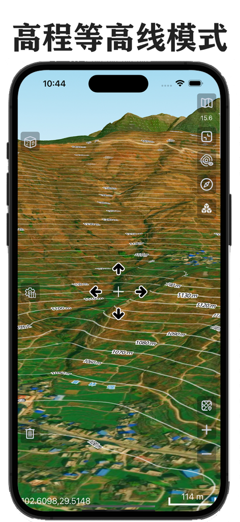 iPhone display showing high-definition 3D satellite map with elevation contour lines.