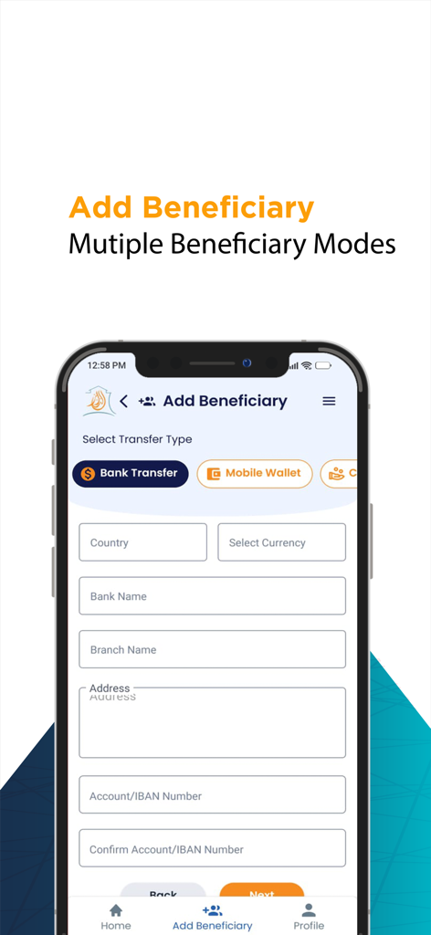 ALDAR FOR EXCHANGE WORKS - Mobile interface for adding a beneficiary for bank transfers in the Aldar Exchange app