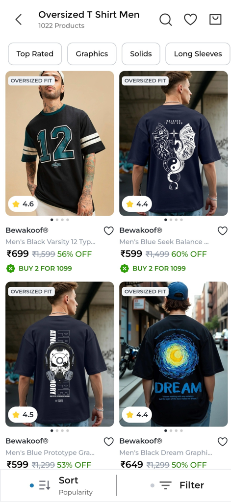 Bewakoof App zeigt oversized Grafik-T-Shirts für Herren