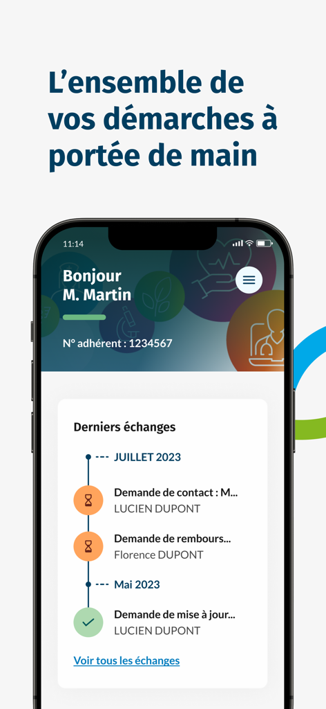 Mutuelle BNPP - User dashboard of the Mutuelle BNPP mobile app displaying recent health insurance claims and administrative requests