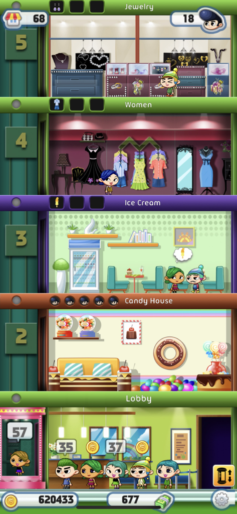 A view of multiple floors in a colorful skyscraper featuring various shops and residents in Dream Tower