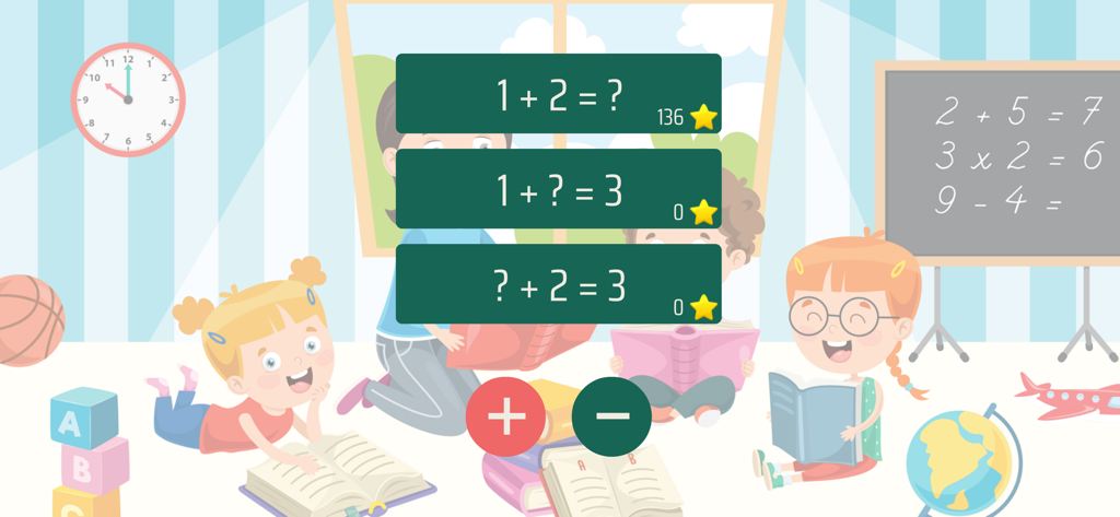 Вычитание и сложение до 10 - Childrens educational app interface for learning addition and subtraction with classroom graphics