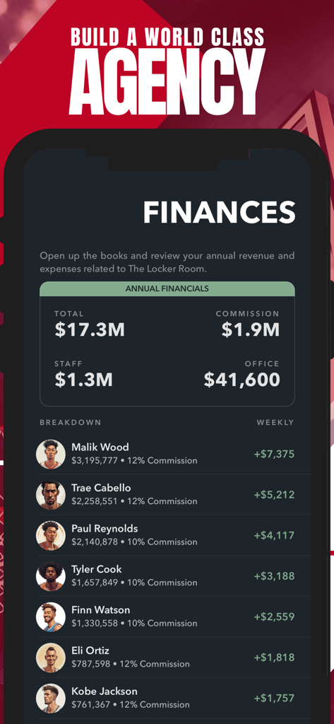 Basketball Agent Manager Star - A financial dashboard in the Basketball Agent Manager Star app showing annual revenue and commissions for multiple players.