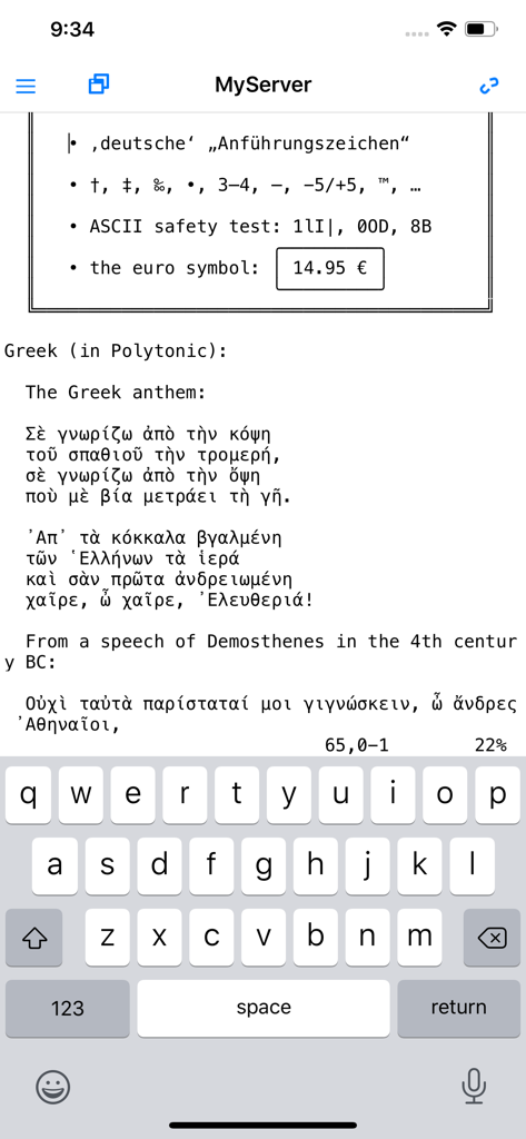 SecureCRT - SecureCRT terminal interface showing character encoding and Greek text on iPhone