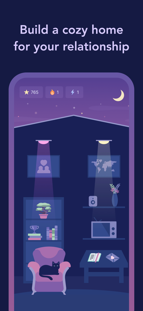 Cozy Couples: Relationship App - Cozy Couples 앱의 가상 거실을 보여주는 스크린샷으로, 안락의자에 앉은 고양이와 분재가 있습니다.