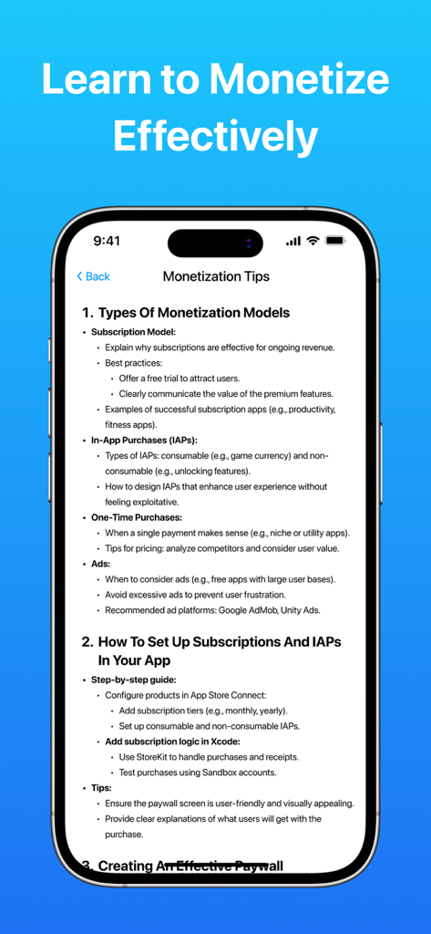 Developer - Create App Guide - Screenshot der Entwickler - App-Erstellungshandbuch-App mit Monetarisierungs-Tipps für Abonnements und In-App-Käufe