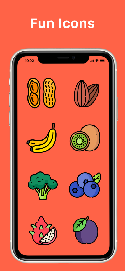 Nutri-Scan - Pantalla de la aplicación Nutri-Scan que muestra una cuadrícula de íconos de alimentos coloridos, que incluyen plátanos, brócoli y arándanos