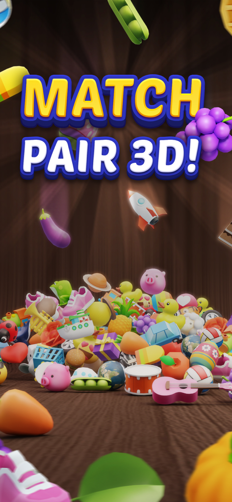 Match Pair 3D - Matching Game - A colorful pile of 3D objects including toys and fruits in the Match Pair 3D game