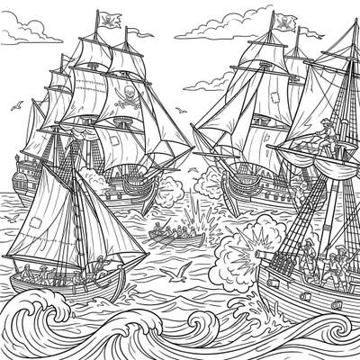 Embark on a thrilling journey to the high seas with this action-packed coloring page depicting a fierce naval battle from the pirate era. Capture the drama of cannon fire, clashing ships, and daring pirates with your vibrant imagination.