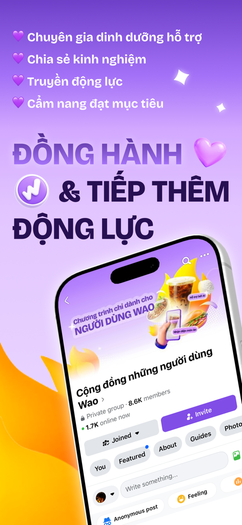 Wao - Food & Calorie Counter - A mobile screen showing the Wao app community group with features for nutritionist support and member motivation.