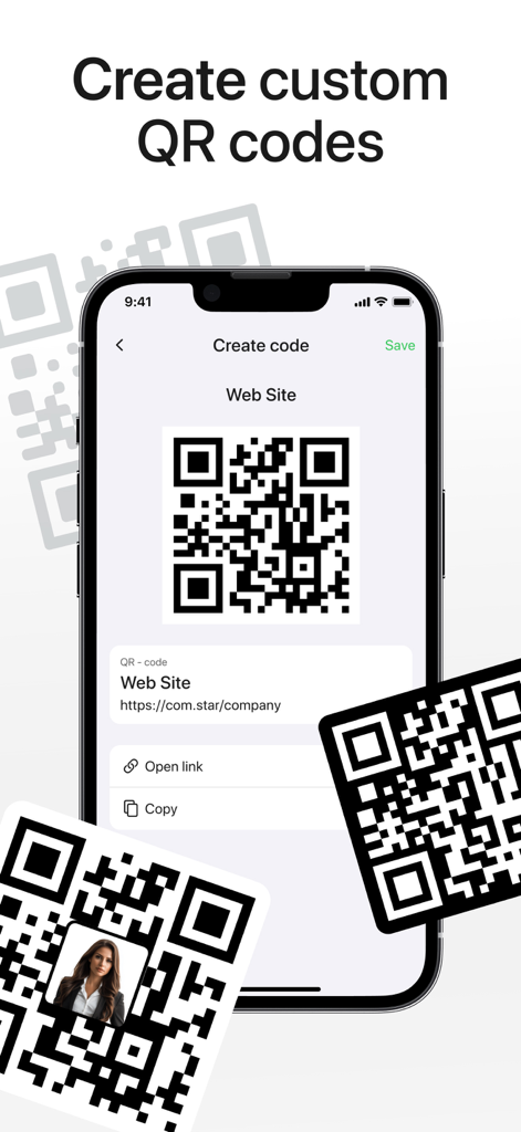 QR Code Barcode: Scanner Maker - Pantalla de iPhone que muestra la interfaz para generar un código QR personalizado para un sitio web