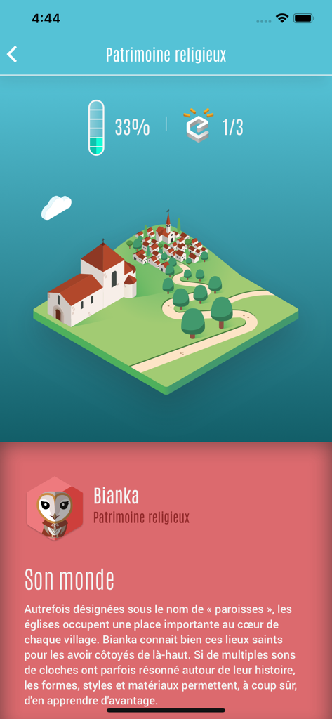 PÉPIT - PEPIT app interface showing a religious heritage treasure hunt mission with an isometric map and Bianka the owl character