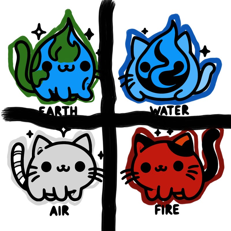 4 cats that represent the different elements, earth, water, air, and fire