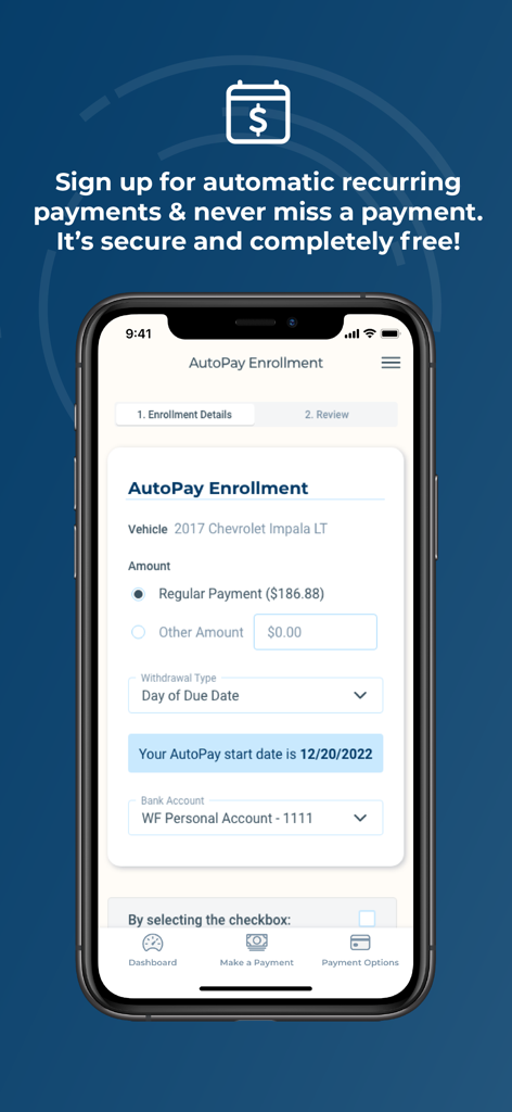 Bridgecrest app interface for enrolling in automatic recurring vehicle payments with customizable amounts and withdrawal dates.