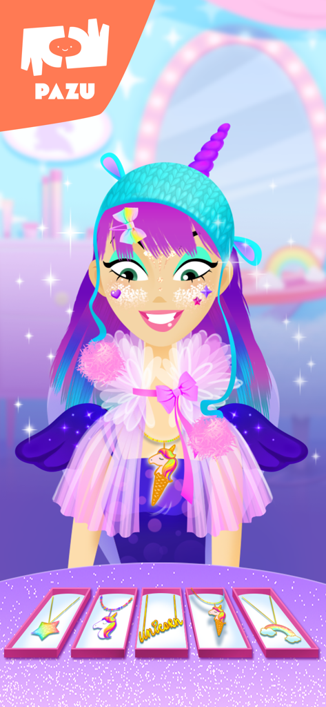 A girl character with purple hair and a unicorn horn hat choosing from various unicorn and rainbow necklaces