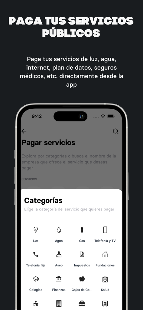 Meru | Cuenta en dólares - Interface of the Meru app displaying various categories for utility bill payments in Spanish.