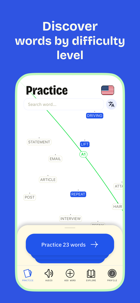Karteto: Vocabulary Flashcards - Karteto app interface showing a vocabulary word map organized by difficulty levels like A1 for language practice