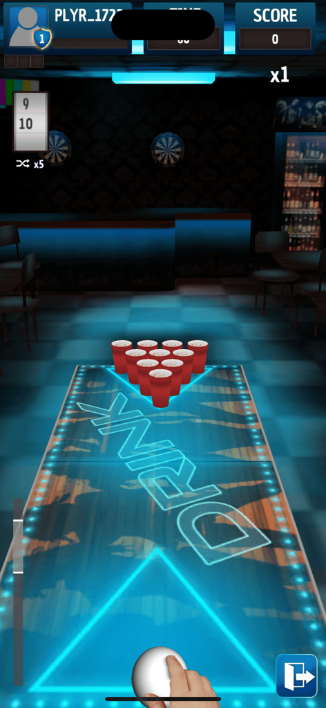 Mobile gameplay of Beer Pong Trickshot showing a ping pong ball being tossed at red cups on a neon table in a bar.