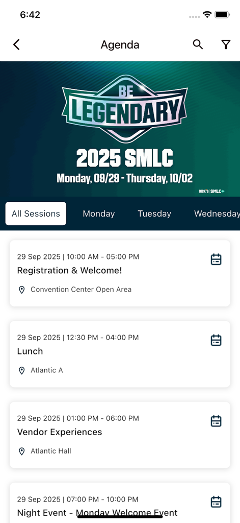 Agenda screen of the DSG Events app showing the 2025 SMLC event schedule with session listings for registration and lunch.